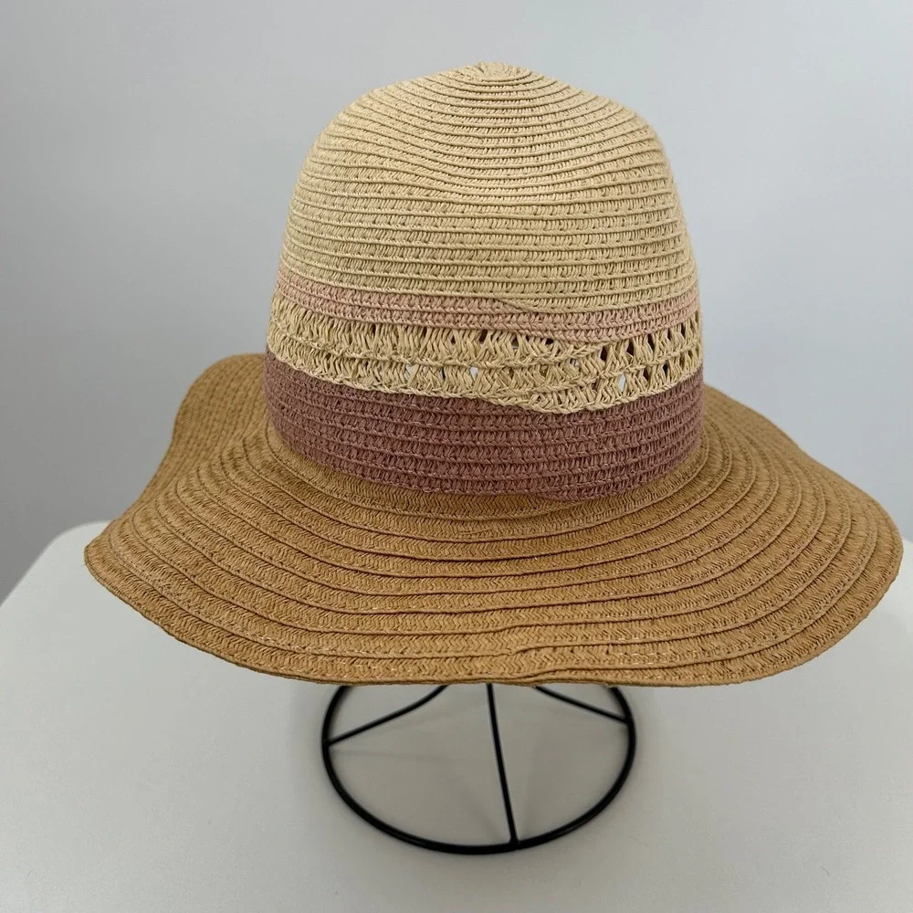 Boho Women Straw Sun Hat Colorblock Pink Tan Woven Wide Brim Floppy Summer Beach